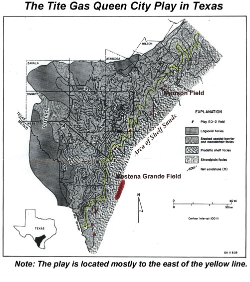 Regional map of the tite gas Queen City Play in Texas depositional system showing new fields along the down-dip shaley areas. Note: The play is located mostly to the east of the yellow line.