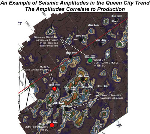 A map showing the correlation of seismic amplitudes to known gas production in the Queen City Trend.
