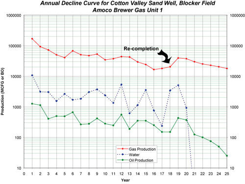 Chart showing annual decline curve for Cotton Valley Sand well, Blocker Field, Amoco Brewer Gas Unit 1, producing about one billion cubic feet of gas over the life of the well.
